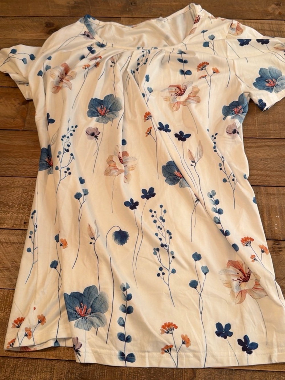 Cream Floral Short-Sleeve Top with Blue & Orange Blooms